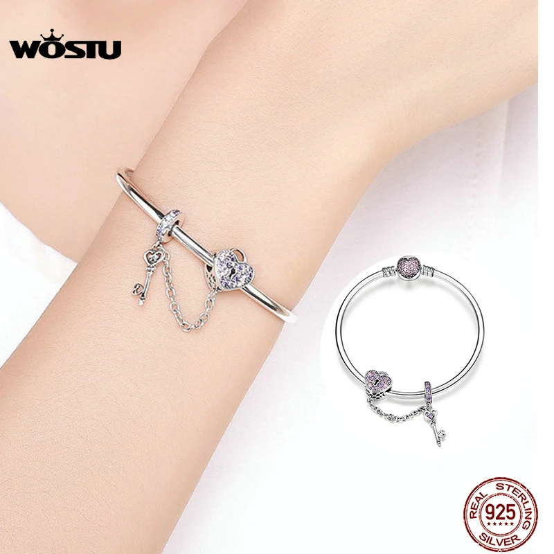 WOSTU New Arrival 925 Sterling Silver Heart Lock Beads Charm Bangles & Bracelet For Women Sparkling Fashion Jewelry Gift CQB820