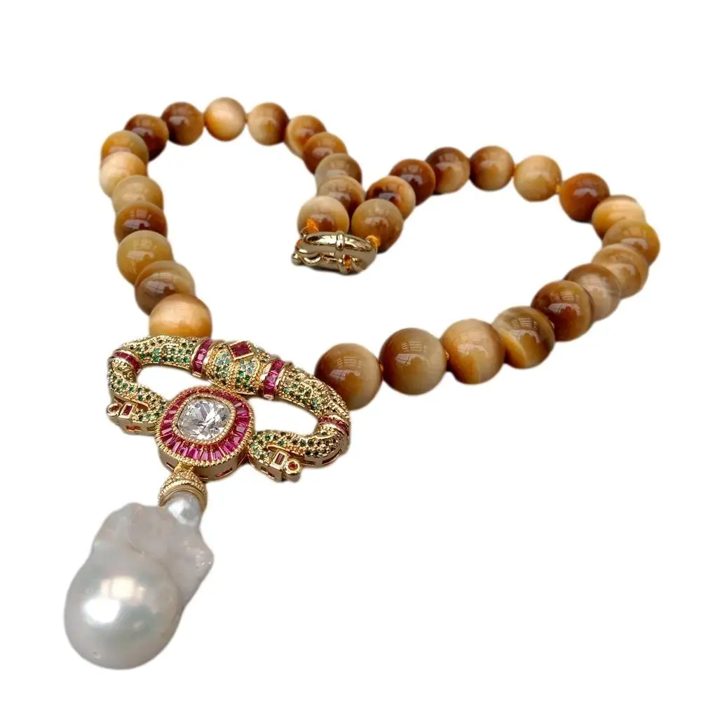 

Y·YING Natural 12mm Smooth Round Yellow Tiger Eye Necklace Cubic Zirconia Pave White Keshi Pearl Pendant 18"