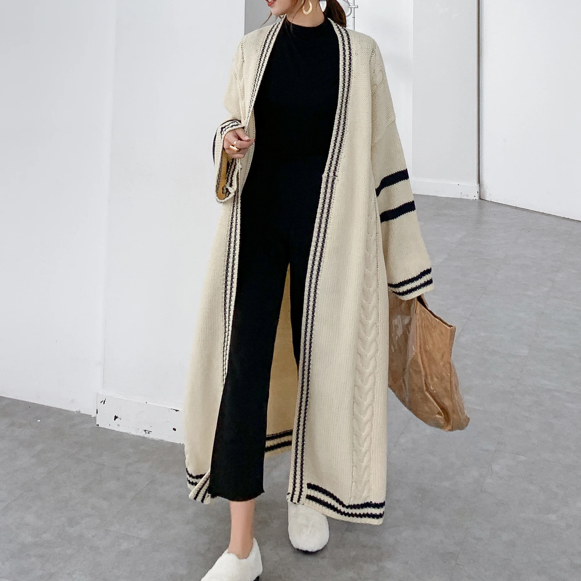 [ZAYAU]Autumn and Winter Long Thickened Sweater Coat women\'s Korean Stripe Loose Large Size Lazy Wind Knee Thick Cardigan