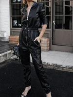 Nerazzurri Autumn Black Soft Faux Leather Cargo Jumpsuit Women Long Sleeve Zipper Luxury Designer Clothes 5xl 6xl 7xl - Image 4