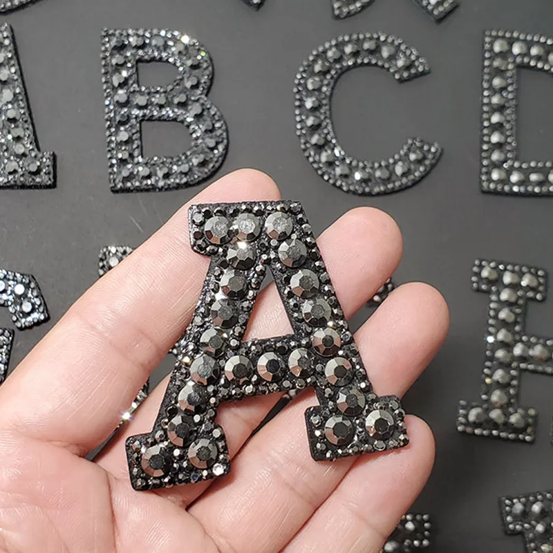 A-Z Black Grey Crystal Rhinestone Letter Patch for Clothes Iron on Clothing English Word Logo Brand Letter Applique Punk Stripes