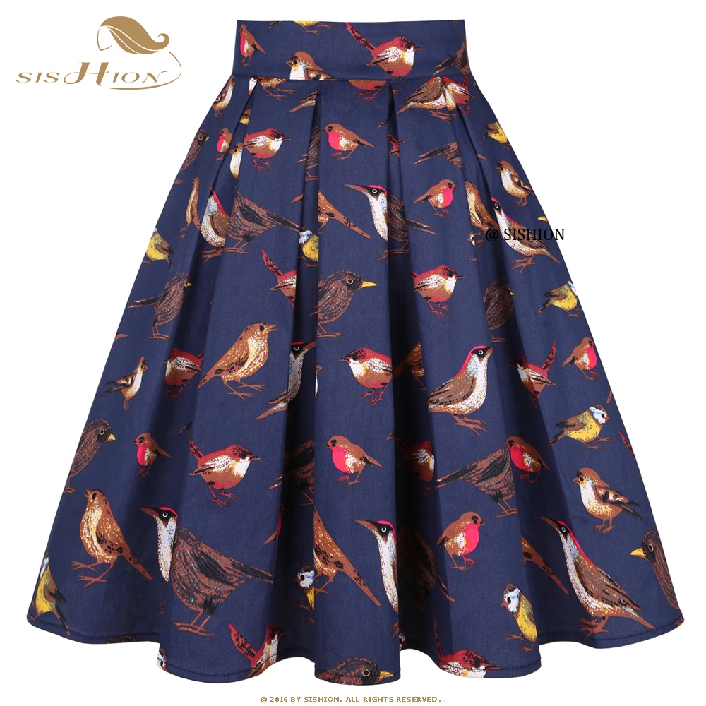 

Leaf Green Birds Retro Floral Print Vintage Pleated Skirts Womens 2023 50s 60s High Waist Midi Cotton Summer Swing Skirt SS0012