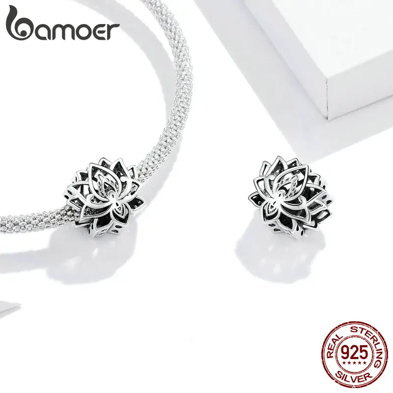 bamoer 925 sterling silver Blooming Lotus Metal Charm fit Original Silver Bracelet Bangle girls DIY Jewelry beads gifts SCC1724