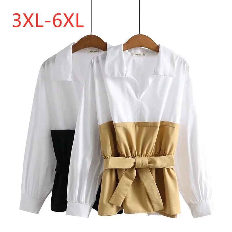 Large women's spring new fashion V-Neck long sleeve splicing belt Plus Size long sleeve shirt