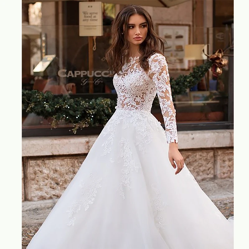 Appliqued boho vestido de casamento 2020 mangas compridas botões voltar vestido de noiva apliques rendas vestidos de festa de casamento princesa vestido de noiva