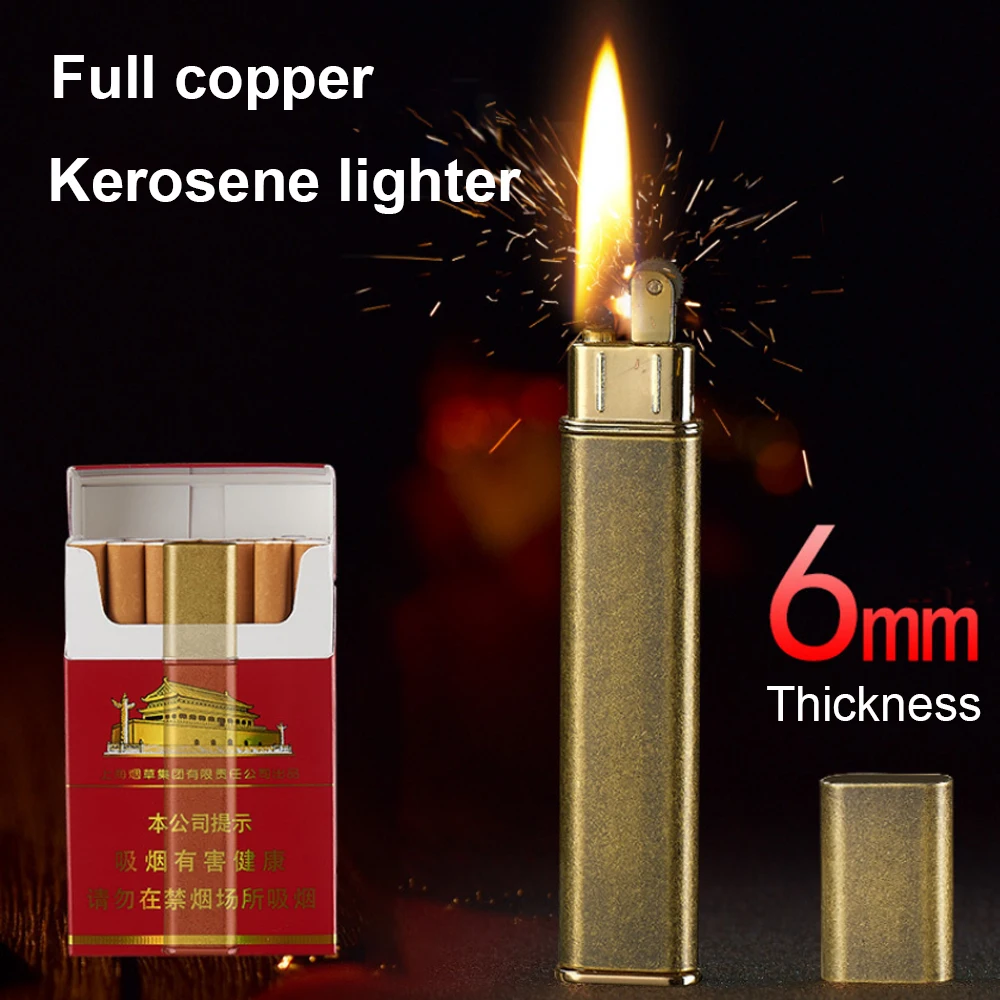 Long Metal Portable Kerosene Lighter Windproof Gasoline Lighters Gadgets For Men Ultrathin Vintage Brass Retro Petrol Lighters