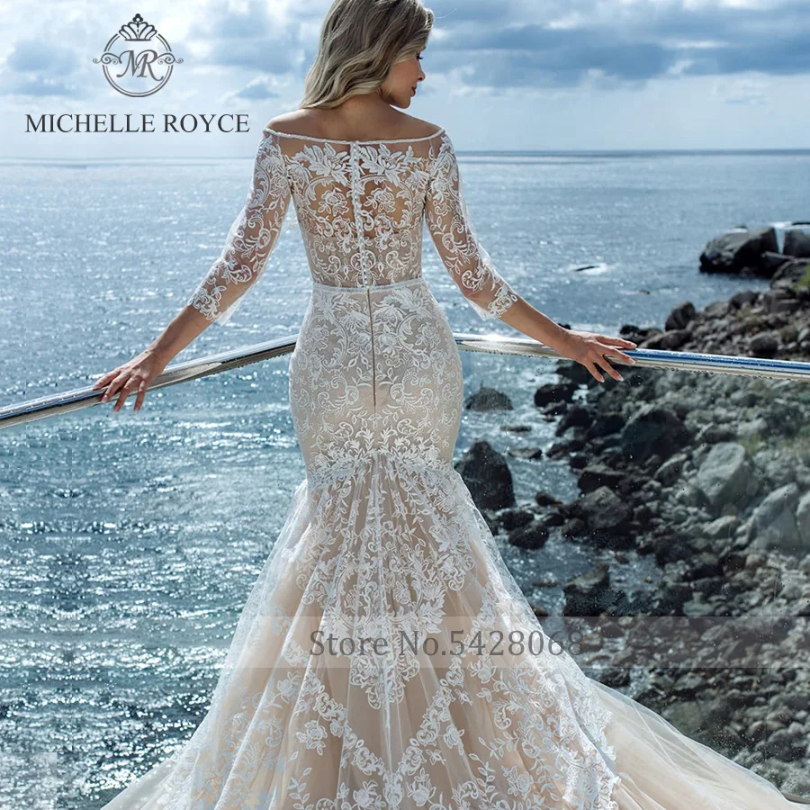 Michelle Royce Mermaid Wedding Dresses 2020 Boat Neck Cut-out Three Quarter Appliques Chapel Train Beach  Vestido De Novia