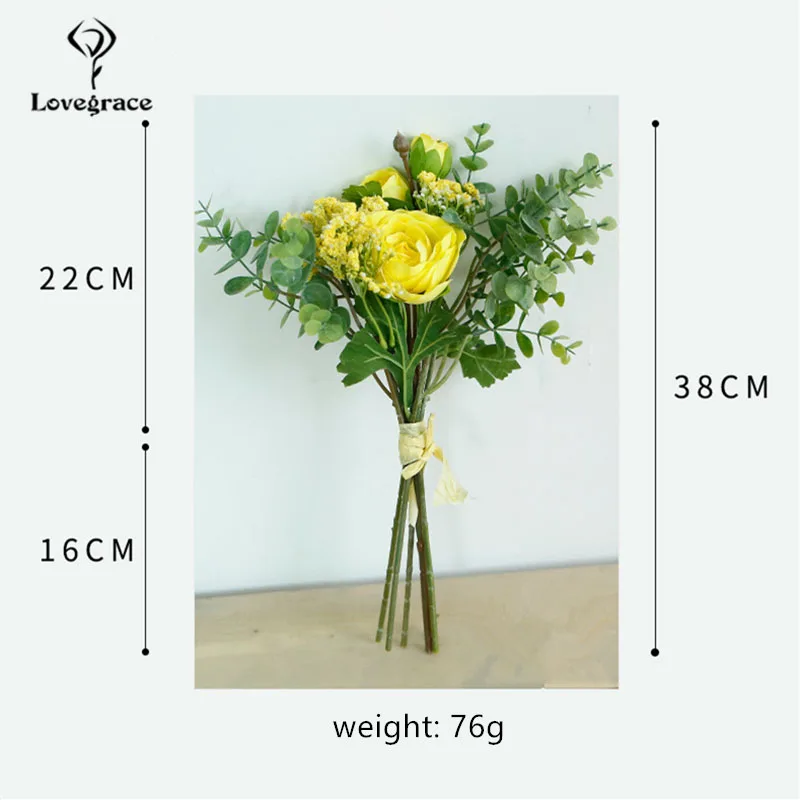 Lovegrace Flower Bouquet Bridesmaid Wedding Bouquet Artificial Silk Lotus Flower Eucalyptus Leaf White Baby's Breath Home Decor