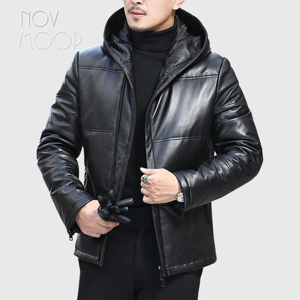 Novmoop Canada chic style men winter black sheepskin genuine leather hooded down coat thick jacket erkek montlar abrigos LT2979