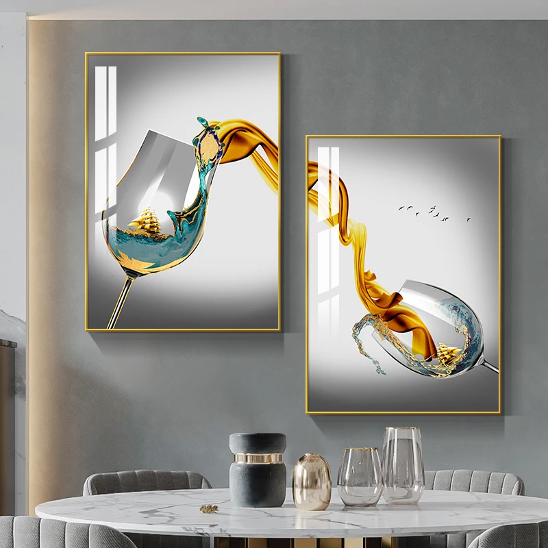 Abstract Luxury Wine Glass Canvas Wall Art Golden Sailboat Painting Dining Room Kitchen Decoration Posters and Prints Cuadros