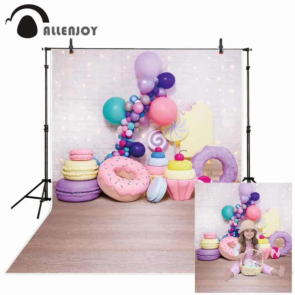 Allenjoy photophone background Cake smash brick wall bokeh glitter dessert girl balloon birthday Donut party backdrops photozone