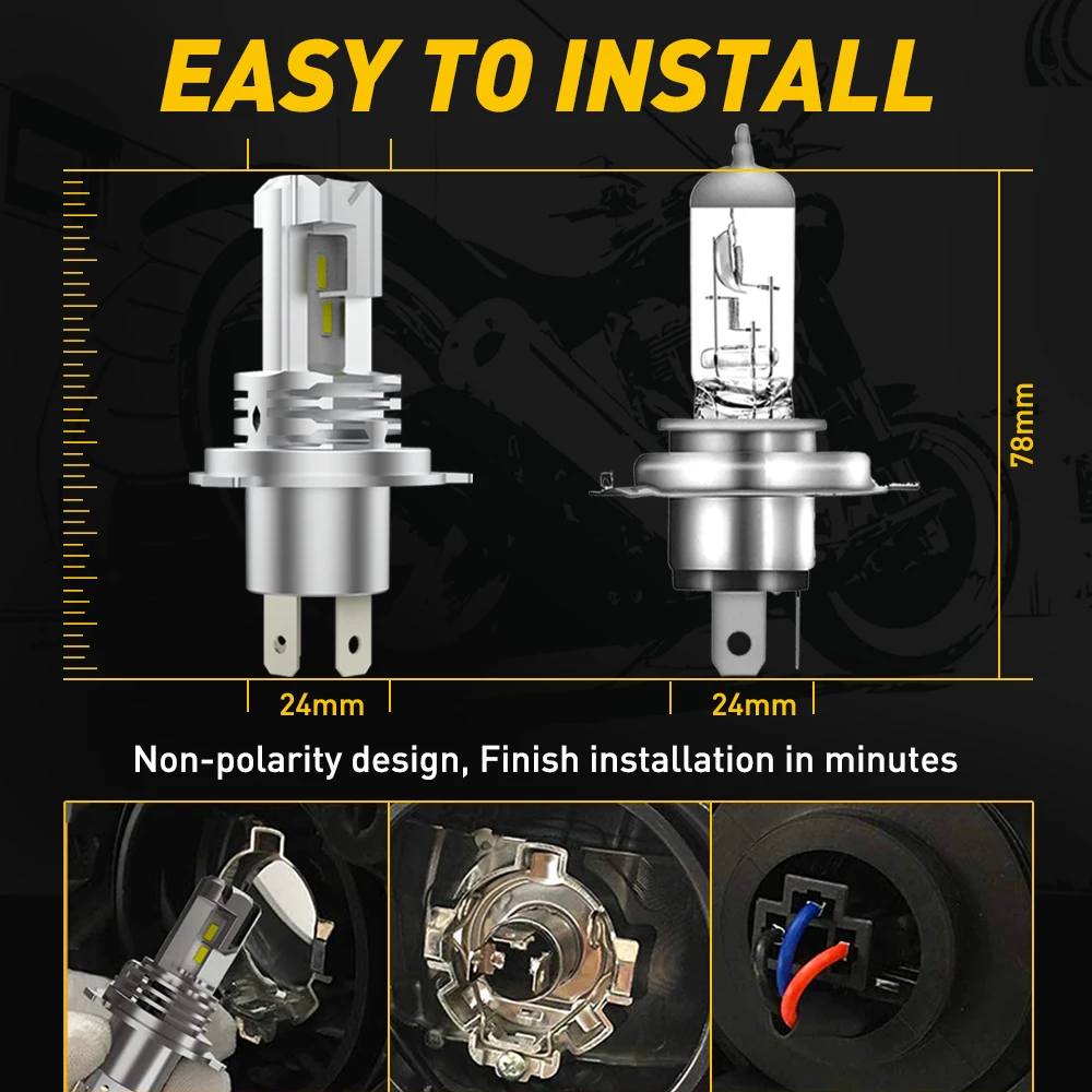 AUXITO H4 HB2 LED Motorcycle Headlamp Bulb CANBUS Lights Hi Lo Beam CSP Chip Motorbike 9003 Mini Lamp Wireless 6000K 1PC