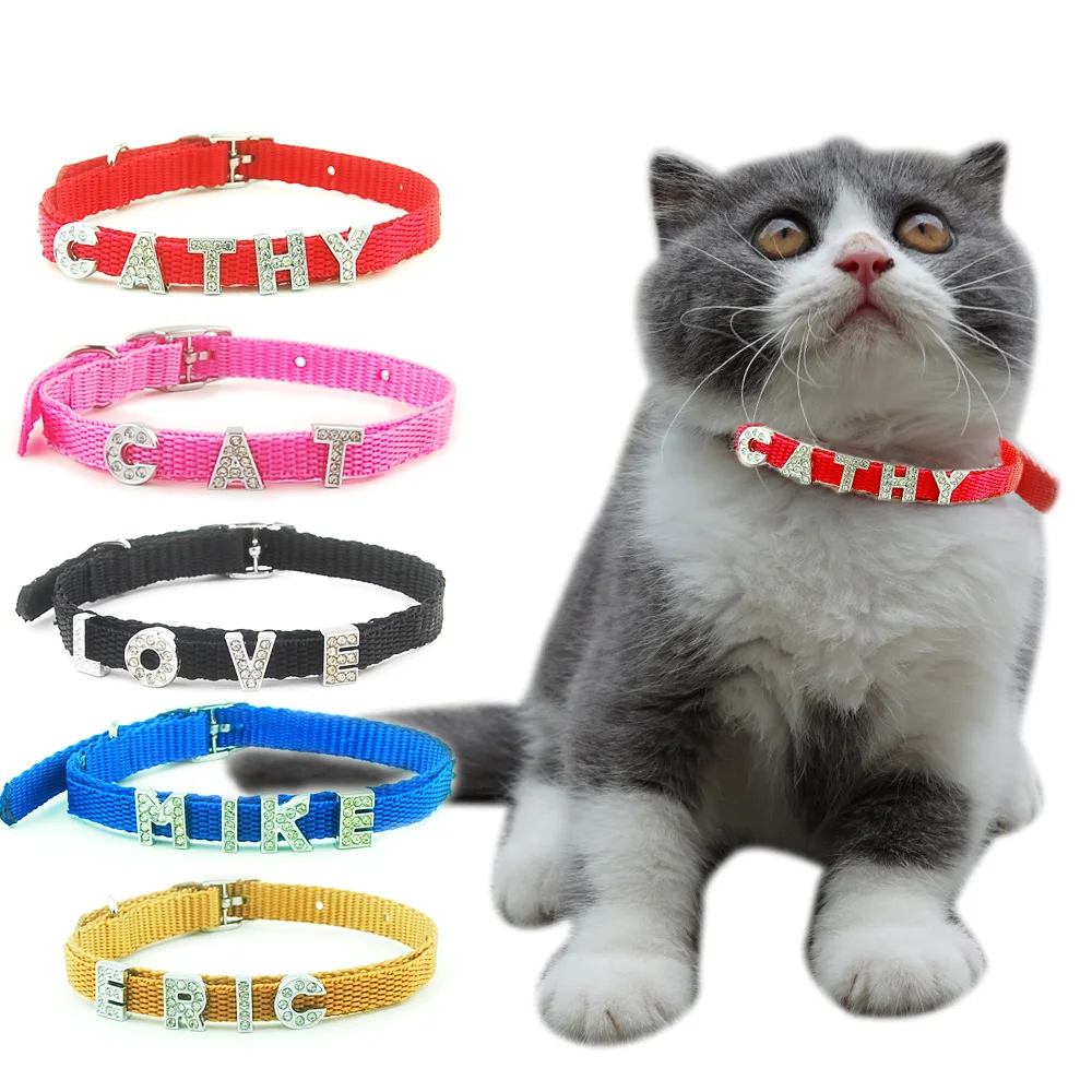 DIY Bling Personalized Cat Collar Rhinestones Nylon Free Custom Cat Name collar for Small Pet Puppy Cat Necklace