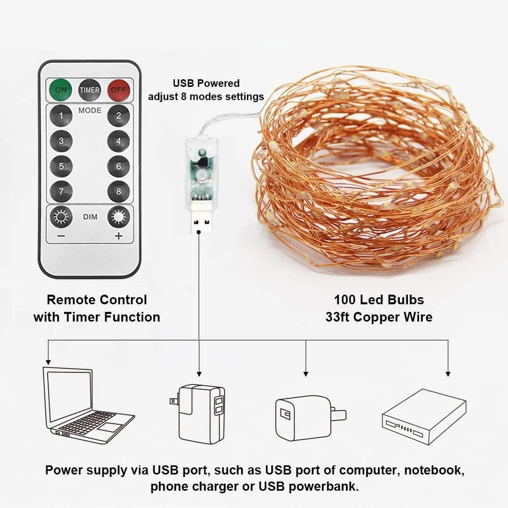 Modalità di LED Luci Della Stringa di 10m 5m 8 USB Alimentato 100 50LED con Telecomando di Controllo per la Cerimonia Nuziale Del Partito decorazione Della casa Natale