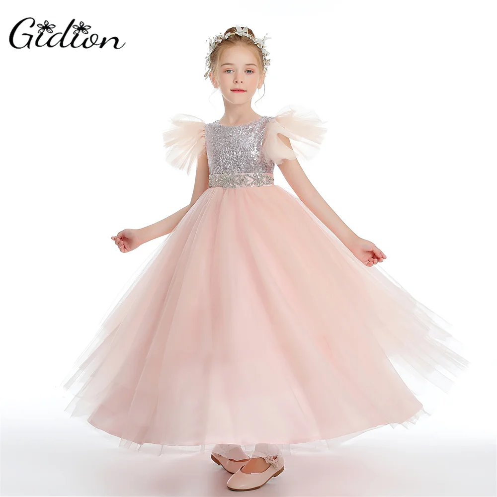 Peal Pink Ruffles Flower Girls Dresses for Weddings Party Kids Baby Birthday Gowns Little Princess Pageant Gowns Tiered Skirts