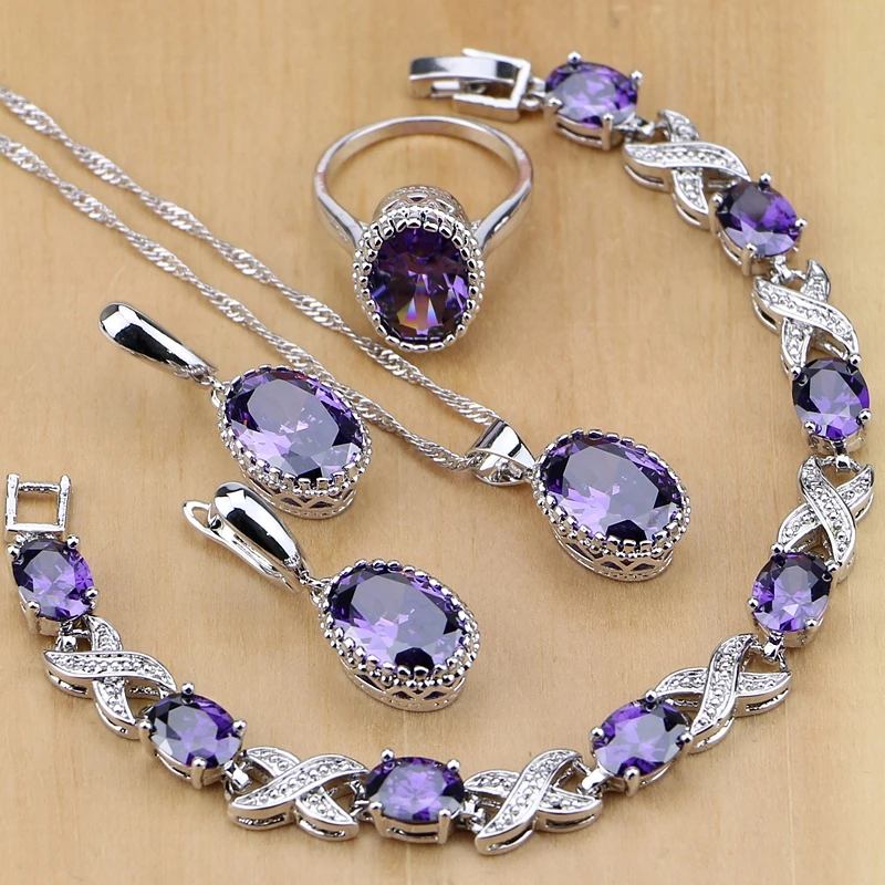 Natural 925 Silver Jewelry Purple Cubic Zirconia White Crystal Jewelry Sets  Women Earrings/Pendant/Necklace/Rings/Bracelet