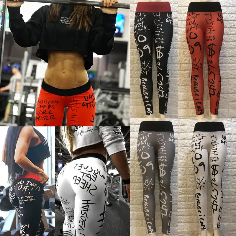 Mode Vrouwen Jogger Hoge Taille Elastische Workout Leggings Gym Sport Running Sexy Gedrukt Brief Slanke Fitness Leggings