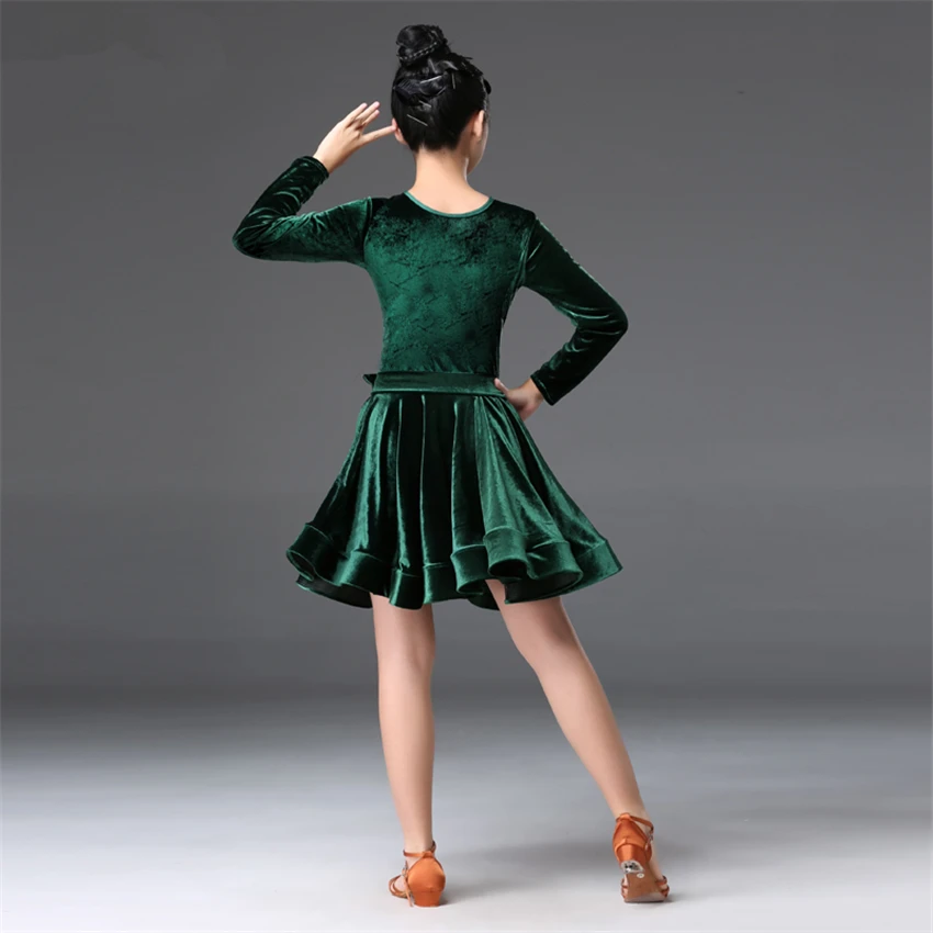 Latin Dance Kids Dresses for Girls Long Sleeve Dress Velvet Ballroom Competition Party Stage Performance Practice Costumes