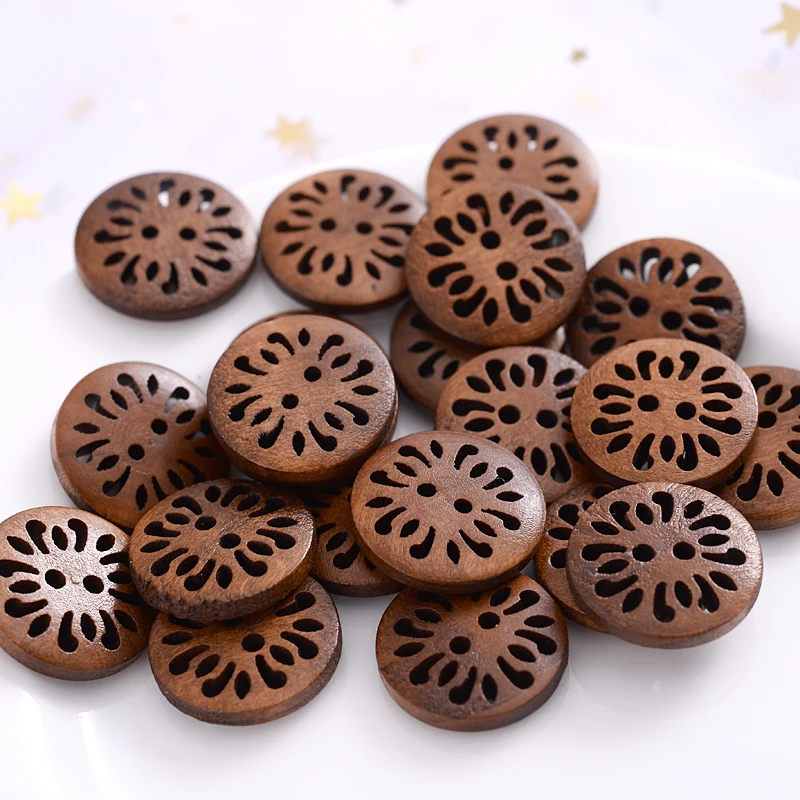 18mm 30Pcs Hollow Chrysanthemum Shape Wooden Buttons Cute Round Dark Brown Pattern Buttons For Clothes DIY Garment Accessoies