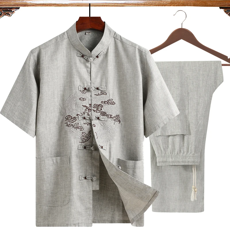 

New (Short Sleeve Shirt+Pant) 2Pcs/Set Embroidery Novelty Clothes Men Kung Fu Tai Chi Suit l Gray Classic Wu Shu Clothing