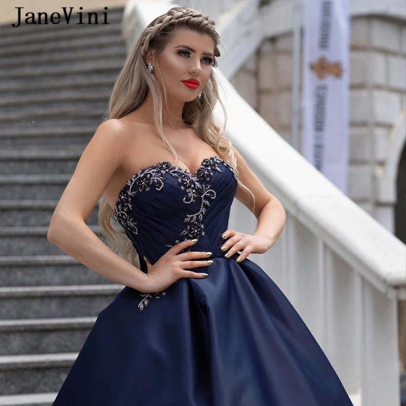 JaneVini Charming Navy Blue Long Prom Dresses 2020 A Line Sweetheart Crystal Beaded Satin Floor Length Pageant Formal Prom Gowns