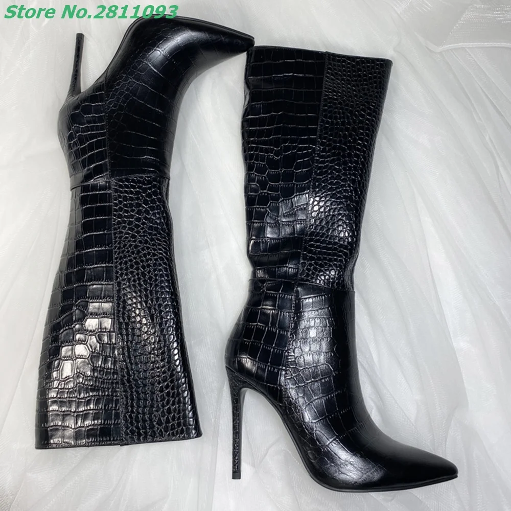 The Newest Hot Winter And Autumn Side Zipper Boots 2021 Knee High Thin Heels Women\'s Crocodile Leather Solid Black Fashion Shoes