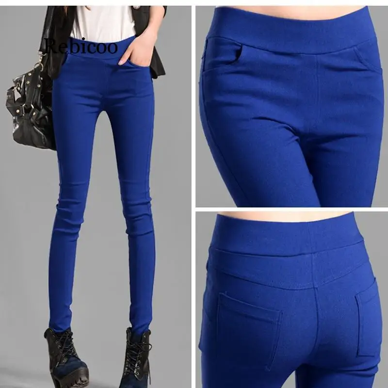 

Women Autumn new high-waist pocket candy-colored pants trousers elastic thin skinny pants thin leg pants leggings