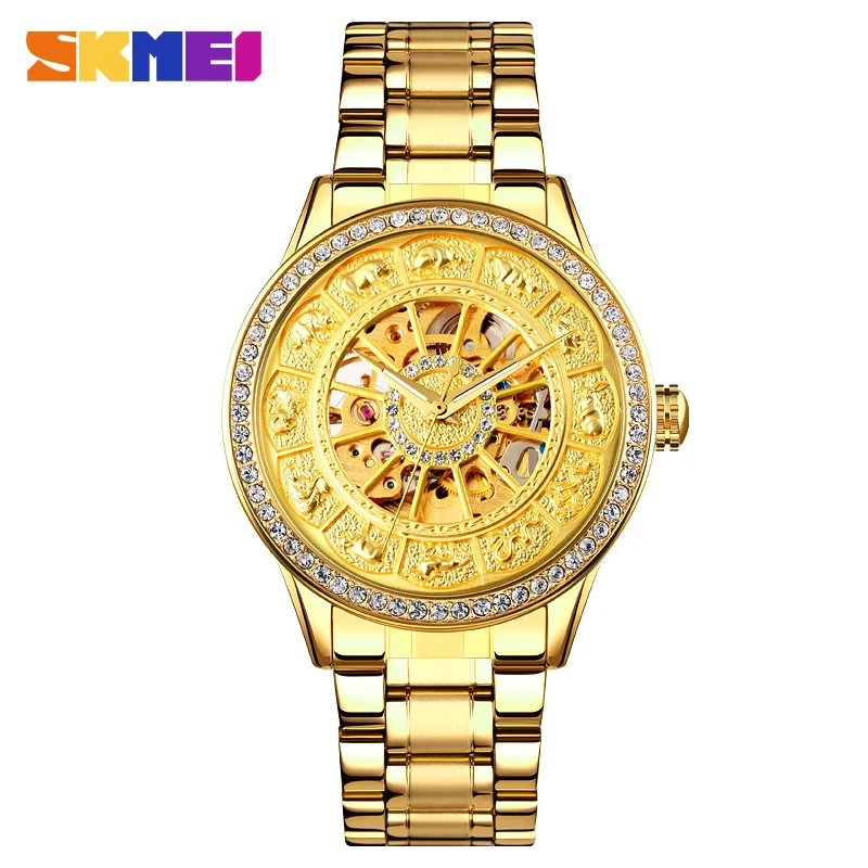 

SKMEI брендовые Роскошные Механические Мужские часы с бриллиантами, креативный полый циферблат зодиака, деловые Автоматические наручные часы, мужские часы reloj hombre 9228