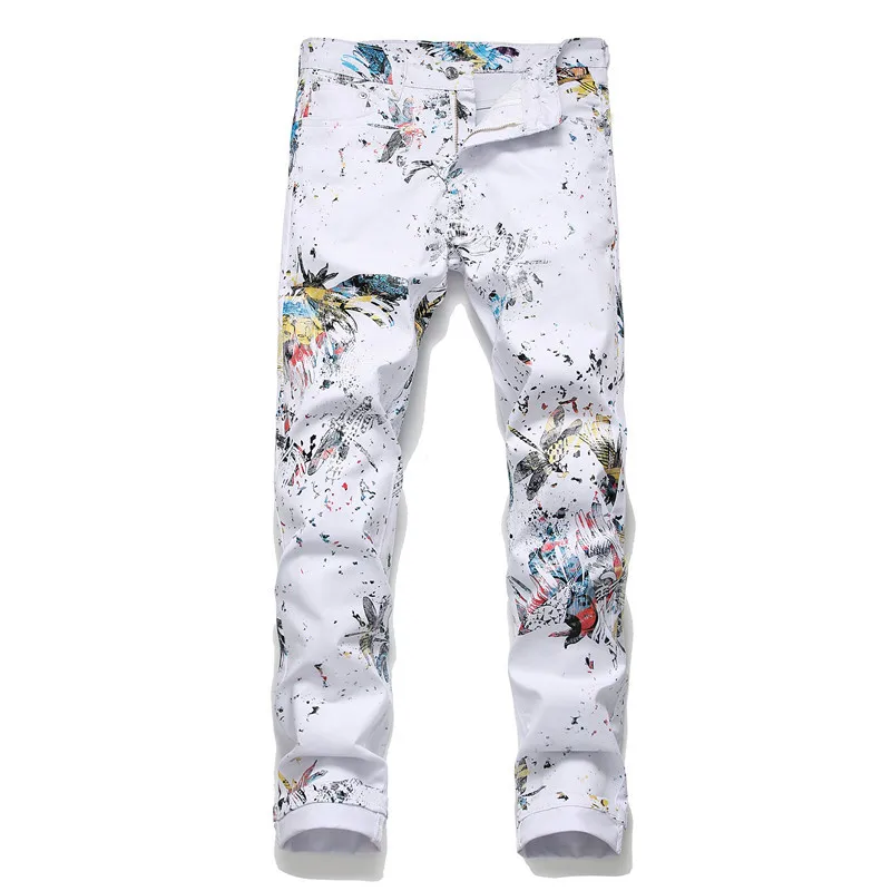 Floral Dragonfly Men's 3D printing Jeans Skinny Flower Painted Stretch Denim Pants White Trousers Size 29-38 High Quality