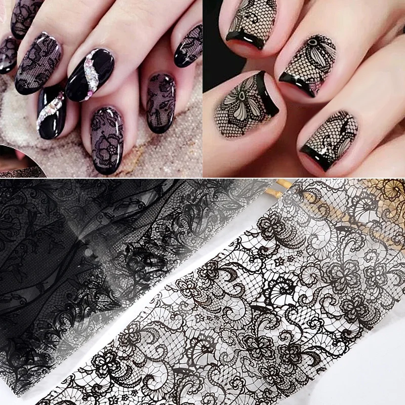 10pcs/bag Black Lace Flower Leaf Nail Stickers Set Varnish Mix Transfer Foil Nail Art Decals Manicur Halloween Dropship