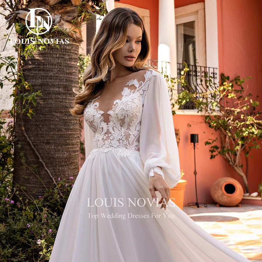 Louis novias-女性用ラインチュールウェディングドレス、自由奔放に生きるブライダルガウン、アップリケボタン、パフスリーブ、Vネック、2020