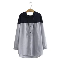 Autumn Women Hooded Shirts Ladies Tops Female Long Sleeve Blouses Stripe Splice Loose Plus Size Clothing G1 A33