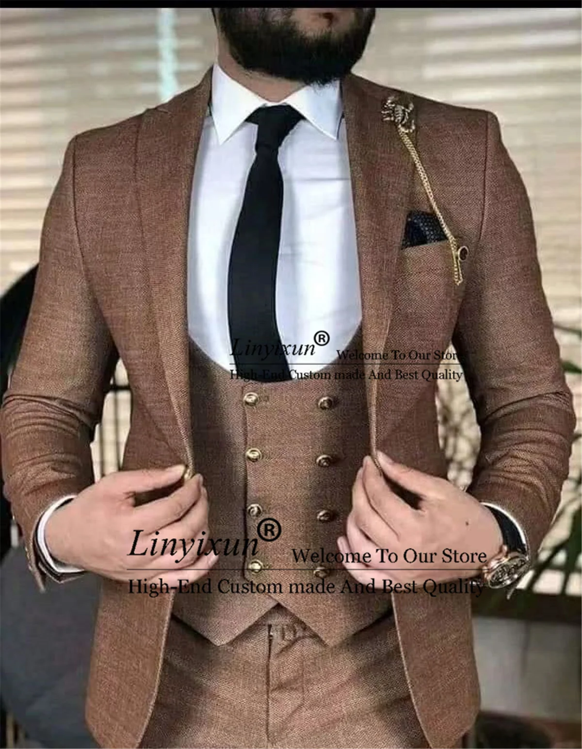 

Classic Brown Mens Wedding Suits Peaked Lapel Groom Tuxedos 3 Pieces Jacket Vest Pant Groomsmen Wear Prom Blazer Terno Masculino