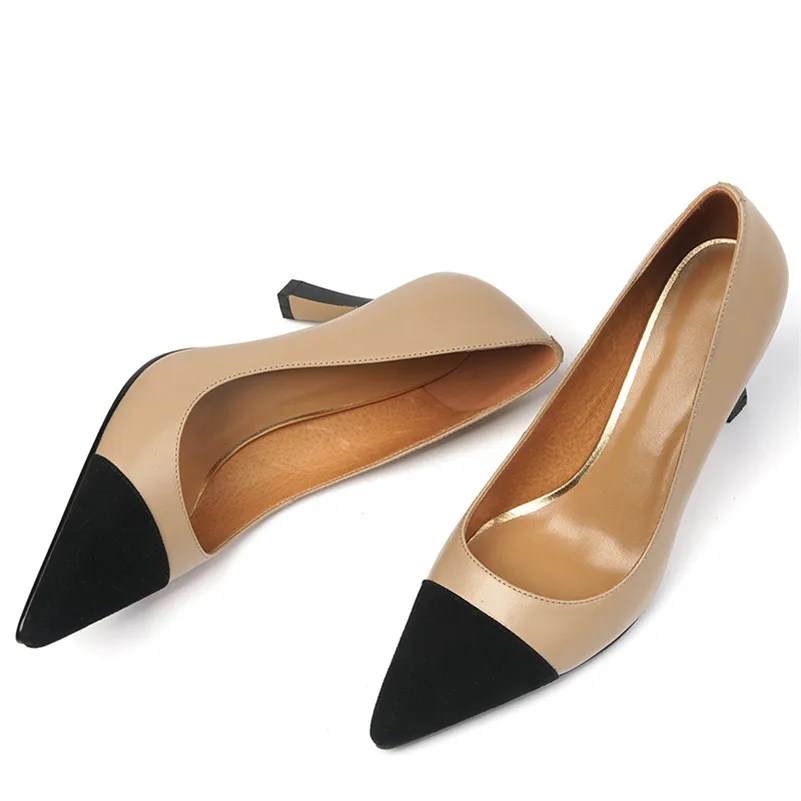 Meotina Pointed Toe Pumps Women Shoes Genuine Leather High Heels Shallow Thin Heel Dress Shoes Female Footwear Apricot Size 40