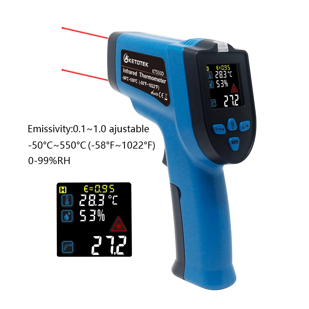 Ketotek Thermometer Infrared Laser IR Temperature LCD Pyrometer with Alarm Device Humidity Hygrometer Meter Not for Human