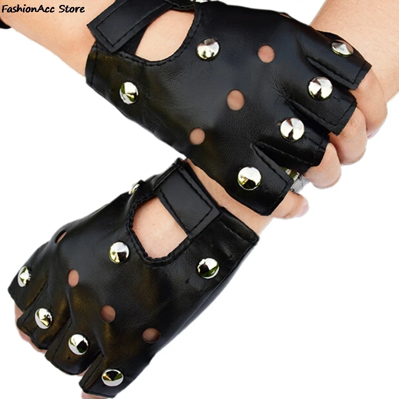 Unisex Fingerless Driving PU Leather Gloves Black Red White Motor Punk Cool Rivet Sexy Disco Dancing Rock-and-roll