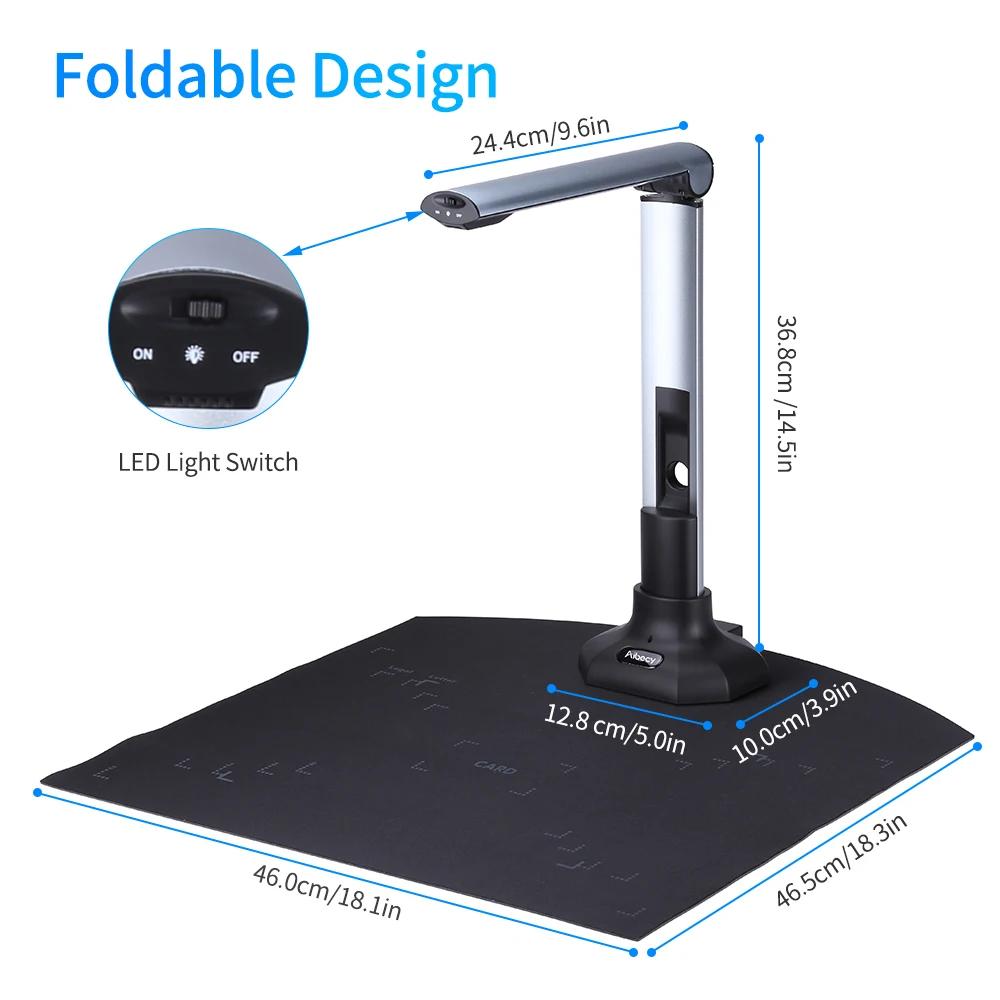 Aibecy BK52 Portable Book Size A3& Document Camera Scanner Capture HD 10 Mega-pixels USB 2.0 High Speed Scanner with LED Light