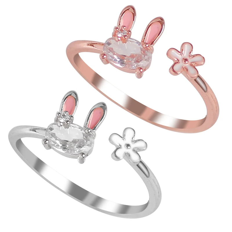 Ladies Fashion Rhinestone Animal Ring Hip Hop Cartoon Rabbit Party Adjustable Ring Metal Simple Fresh Jewelry Gift Hot