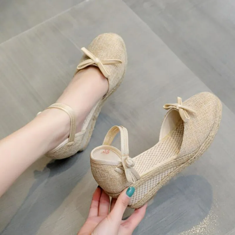 Women's Closed Toe Linen Wedge Sandals Ankle Strap Cover Heel Summer Straw Braided Dress Shoe Concise Style Ladies Footwear