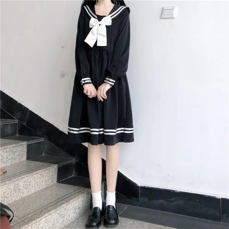 Japanese college style long-sleeved navy collar high waist sweet bow mid-length dress lolita dress women kawaii clothing loli jk