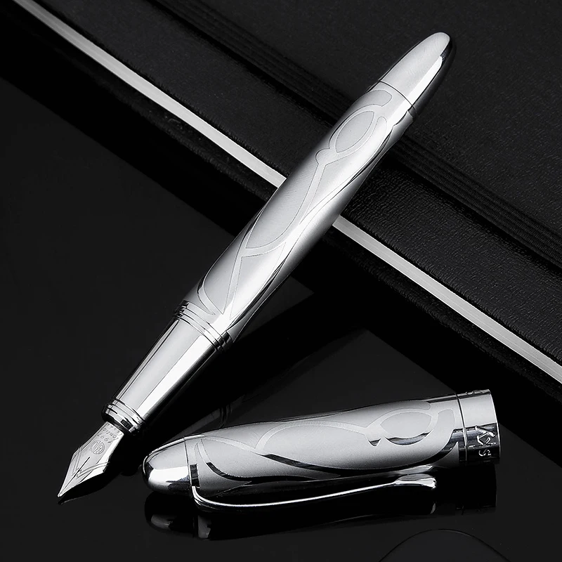 

1Pcs HongDian 5010 Metal Silver Business Fountain Pen Beautiful Embossed Signature Pen EF/F Iridum Nib Writing Gift Ink Pen