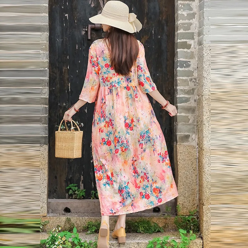Women Summer Cotton Linen Long Dress New Arrival 2021 Vintage Style Floral  Print Loose Ladies A-line Casual Dresses B629 - AliExpress 200000345
