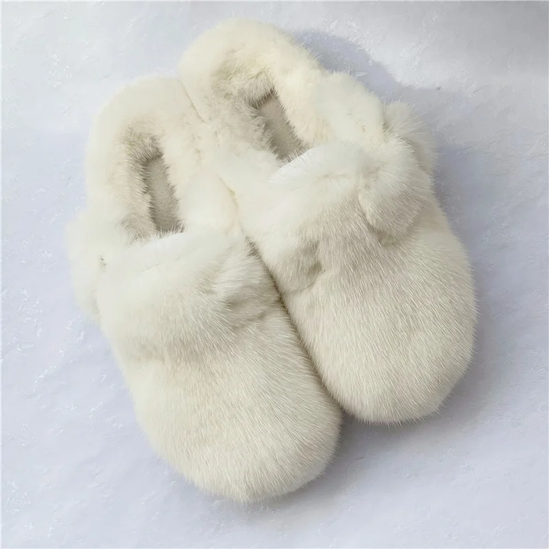 Ladies New High Quality 100% Mink Slippers Fur Turf Flat Shoes Household Furf Slippers