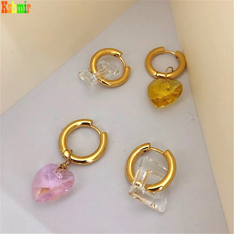 

Kshmir 2021 New French asymmetrical pink heart-shaped earrings with geometric square earring cute girl jewelry gift
