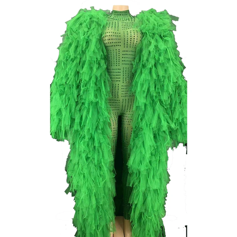 

New Sexy Women Green Rhinestone Jumpsuit Mesh Transparent Singer Costume