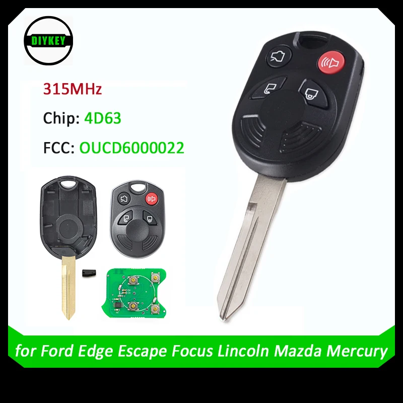 

DIYKEY Complete Remote Car Key Fob 4 Button ID63 Chip 80 Bit For Ford Edge Escape Focus Lincoln Mazda Mercury OUCD6000022 315Mhz