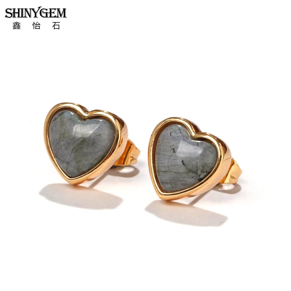 ShinyGem-أقراط كلاسيكية على شكل قلب للنساء ، أقراط من حجر اللابرادوريت الرمادي الداكن ، 12 × 12 مللي متر ، مجوهرات مطلية بالذهب
