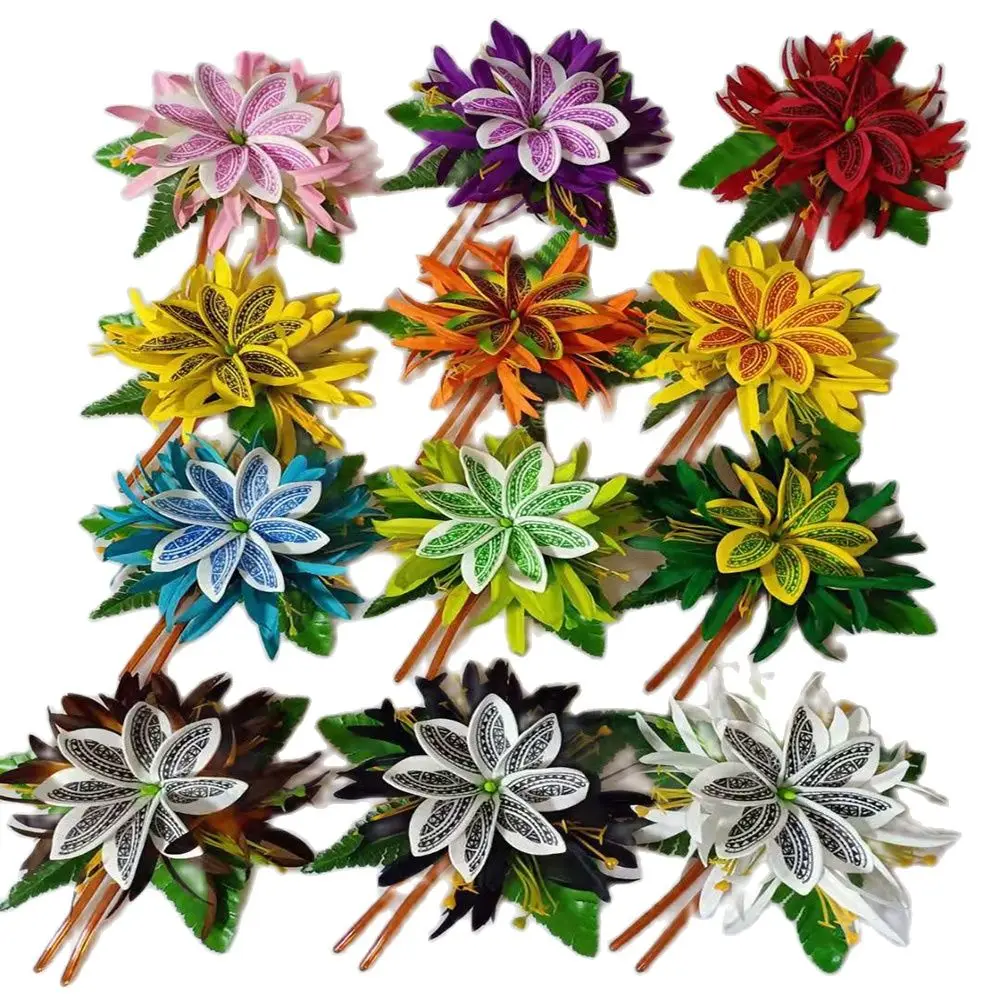 

MIXED COLOR Free Shipping 60pcs/Lot HC00059 12Color Foam Tiare Hair Stick W Velvet Spide Lily&Fern Leaves Hawaii Tropical Hula