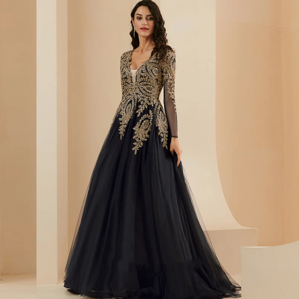 

Black Tulle Evening Dresses Long 2021 A-Line Arabic V-Neck Long Sleeve Karakou Prom Party Gowns Floor-Length robes de soirée