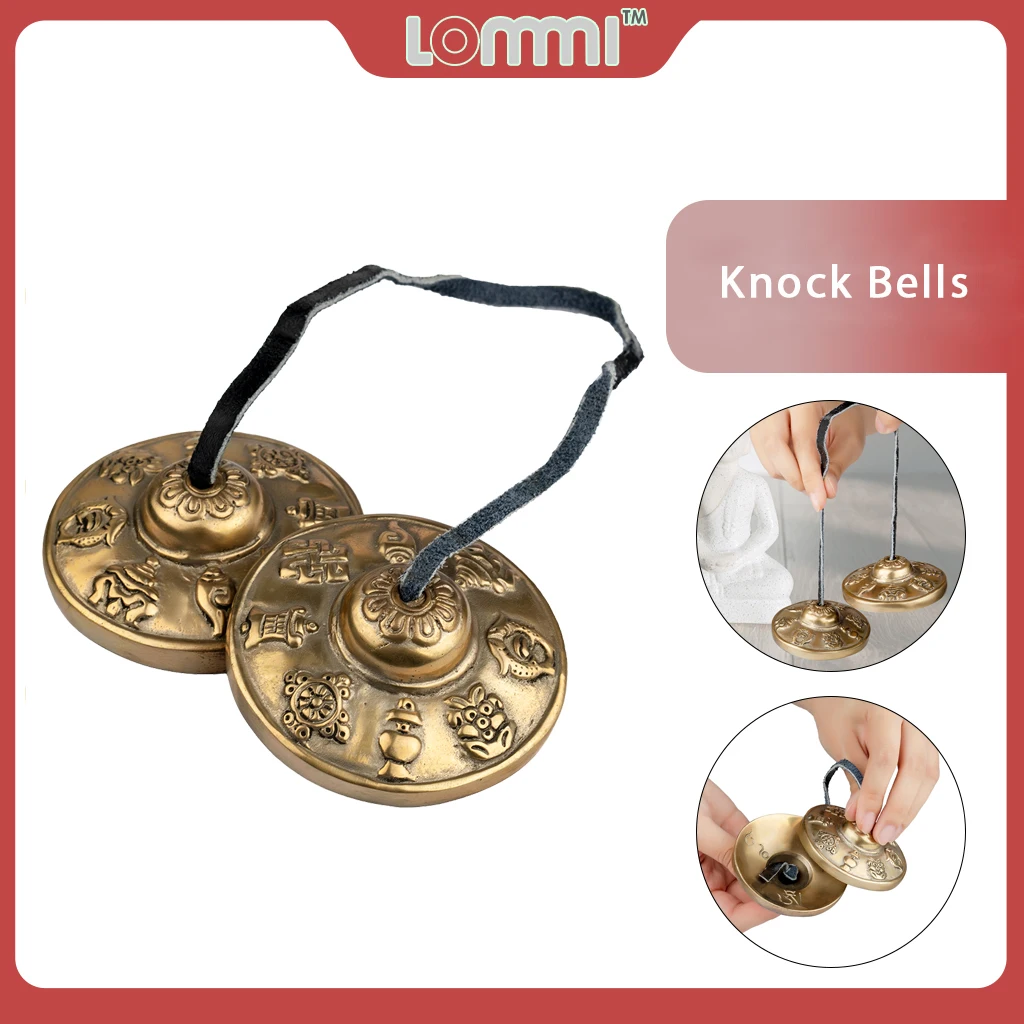 LOMMI 2PCS Cymbals Bell Brass Knock Bell Tibetan Buddhism Buddha Scripture Text Feng Shui Exorcism Rattles Bell Yoga Meditation